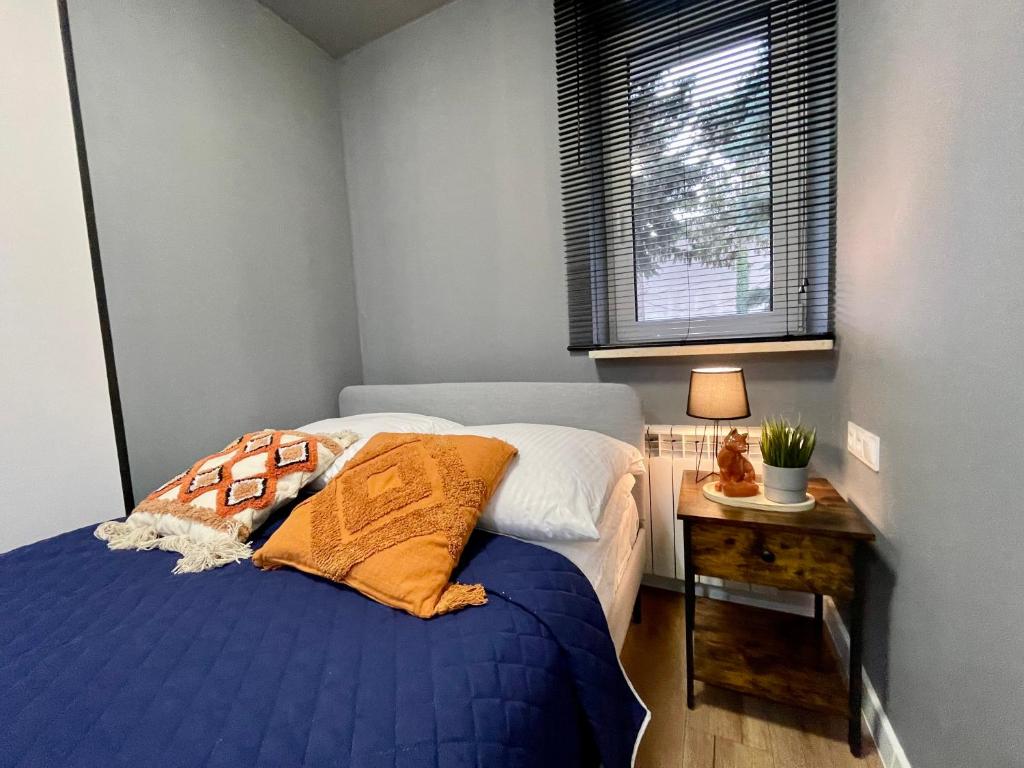 1 dormitorio con 1 cama y 1 mesa con ventana en Przestronny apartament w centrum miasta, en Radom