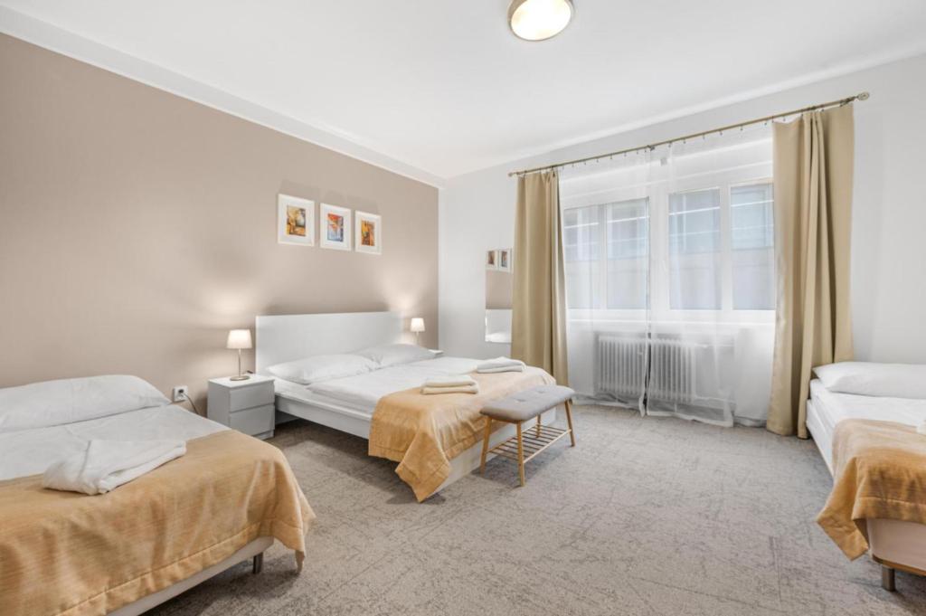 um quarto de hotel com duas camas e uma janela em Pension Petit em Bratislava