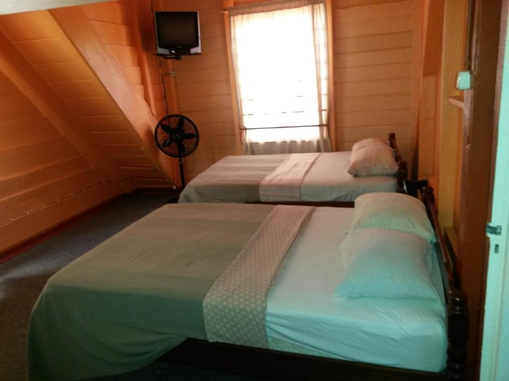 2 Betten in einem kleinen Zimmer mit Fenster in der Unterkunft Guesthouse AlbergoAlberga in Paramaribo