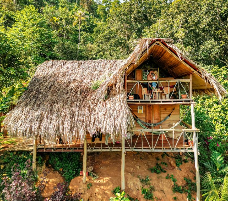 a house with a thatched roof with a person on the balcony at Finca La Selvita in Buritaca