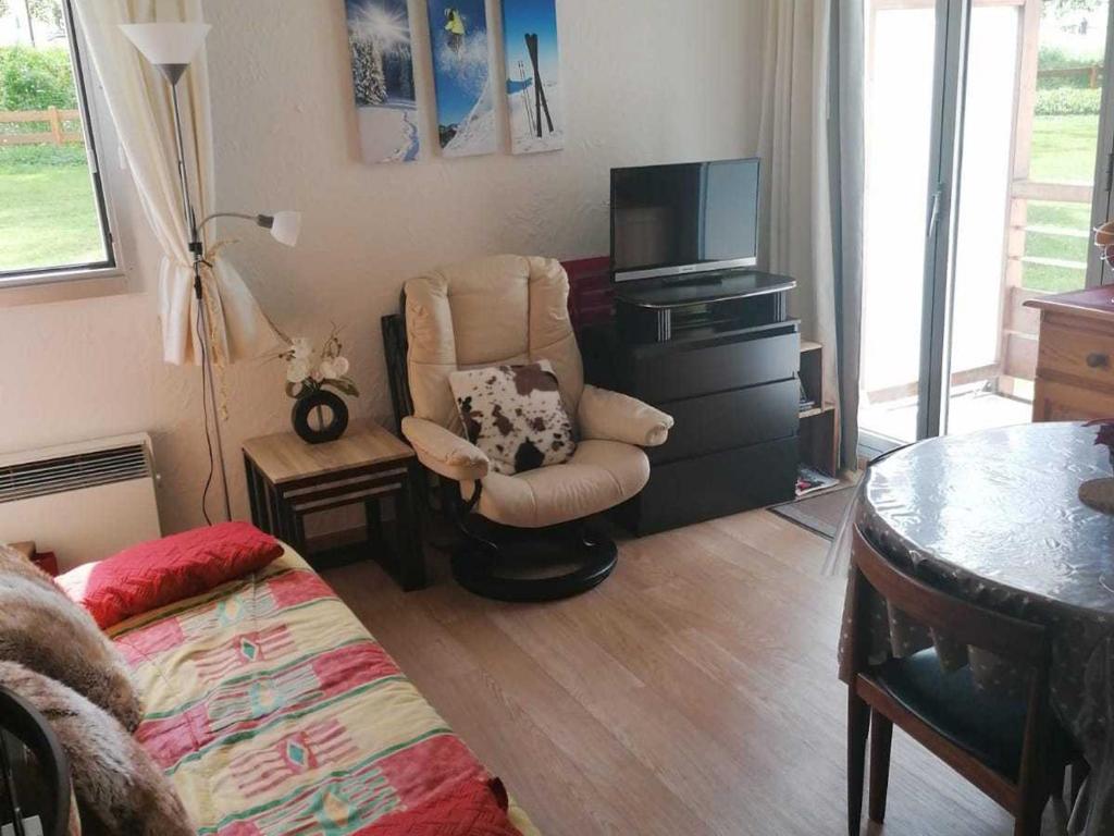 a living room with a chair and a television at Appartement Les Deux Alpes, 2 pièces, 4 personnes - FR-1-516-43 in Les Deux Alpes