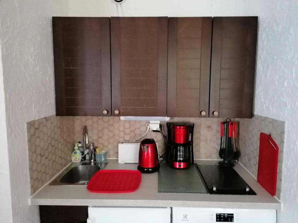 a small kitchen with a sink and a microwave at Appartement Les Deux Alpes, 2 pièces, 4 personnes - FR-1-516-43 in Les Deux Alpes