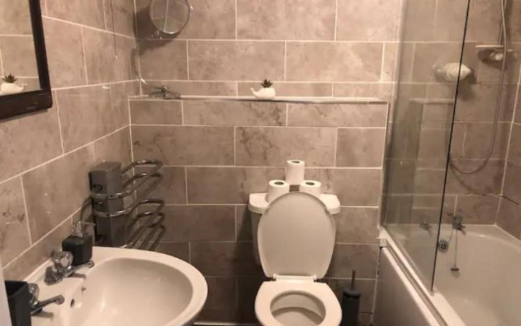 a bathroom with a toilet and a sink and a tub at Peaceful 3 BR Flat with A View Near Hospitals-Free Parking in Newcastle under Lyme