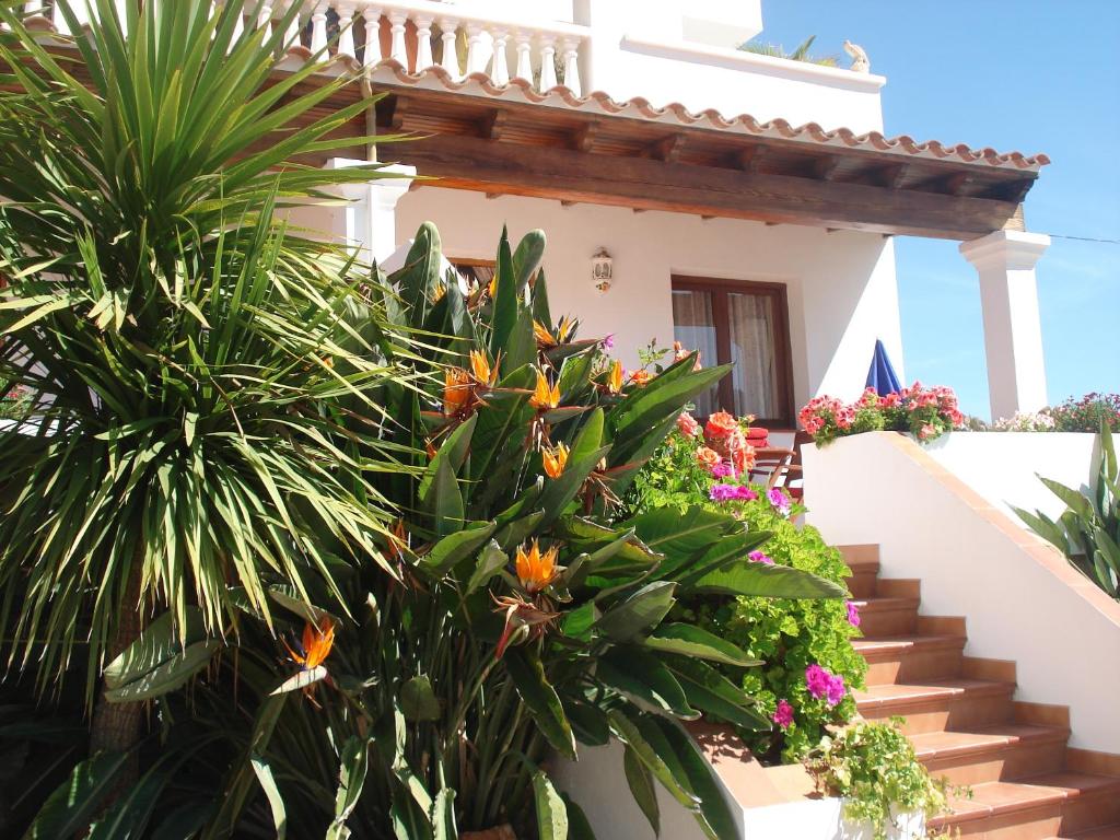 ein Haus mit einigen Pflanzen und Blumen davor in der Unterkunft Apartamentos Ferrer in Platja d'es Figueral