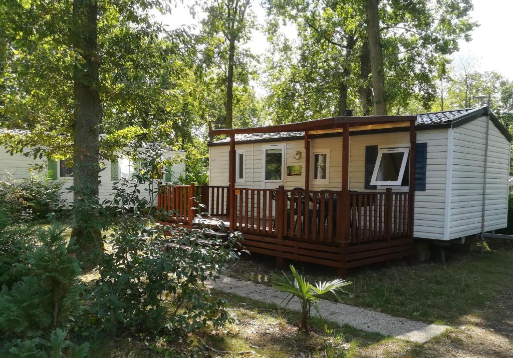 una casita en el bosque con terraza en Zénitude en Saint-Chéron