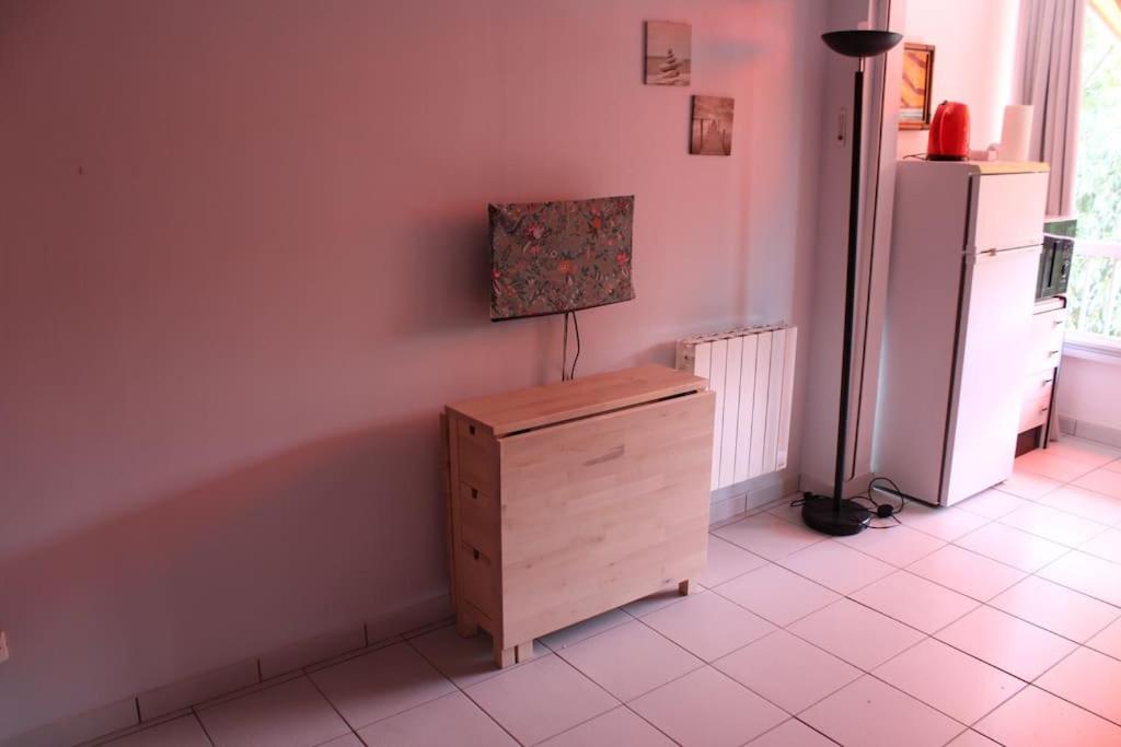 a lamp on a dresser in a room with a refrigerator at Studio l&#39;Echappée mandréenne le calme entre mer et forêt in Saint-Mandrier-sur-Mer