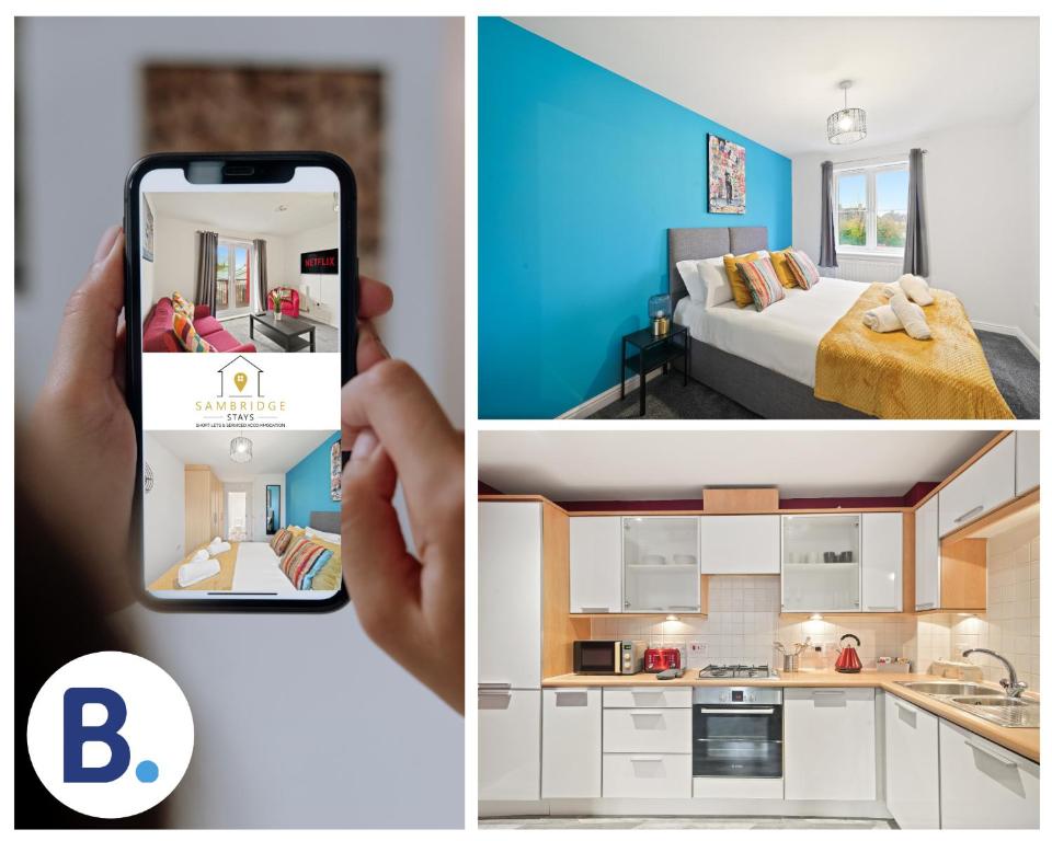 a person taking a picture of a kitchen and a bedroom at Beautiful 2 Bedroom Seviced Apt in Aylesbury By Sambridge Stays Short Lets & Serviced Accommodation in Aylesbury