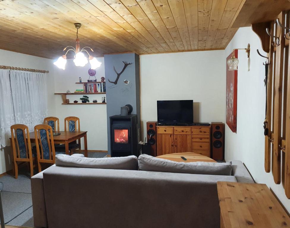 sala de estar con sofá y estufa de leña en MISIÓWKA en Duszniki Zdrój