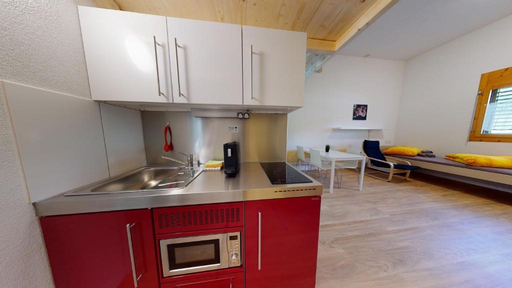a kitchen with a sink and a microwave at Anstatthotel Affoltern am Albis - self-check-in in Affoltern