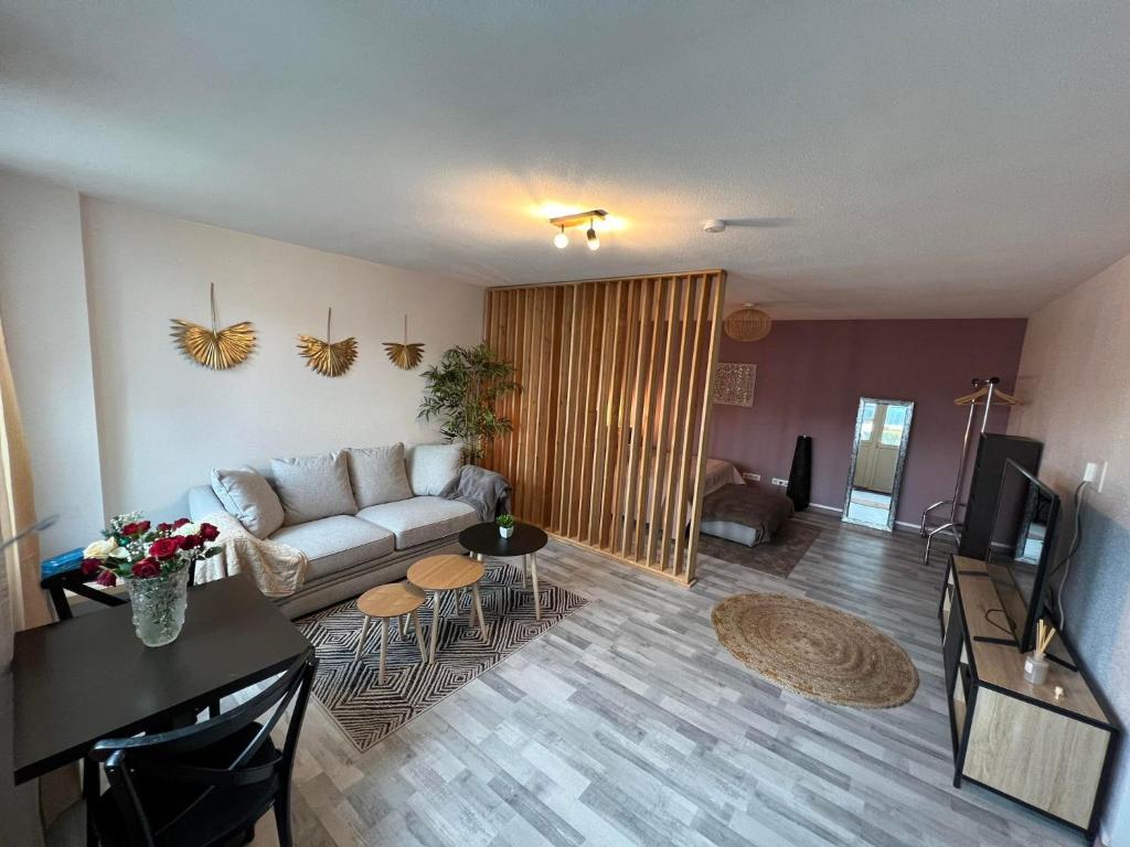 un salon avec un canapé et une table dans l'établissement Gîte Les Lauriers, à Colmar