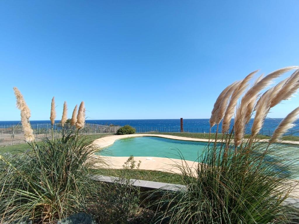 a swimming pool with the ocean in the background at Appartamento incantevole con piscina in Cervo