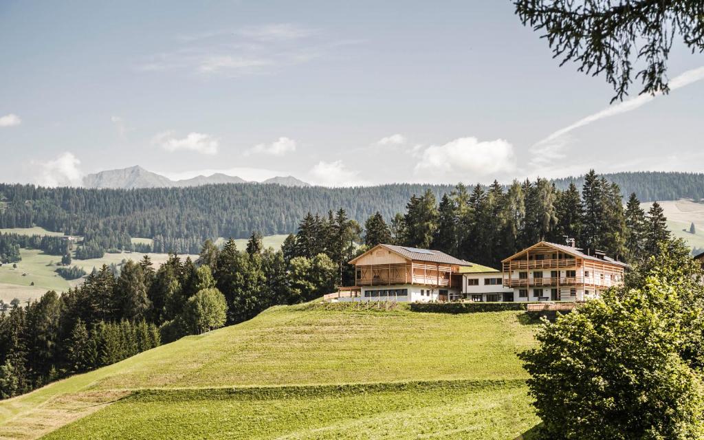 une maison au sommet d'une colline herbeuse dans l'établissement Biohof Untergröber, à Braies