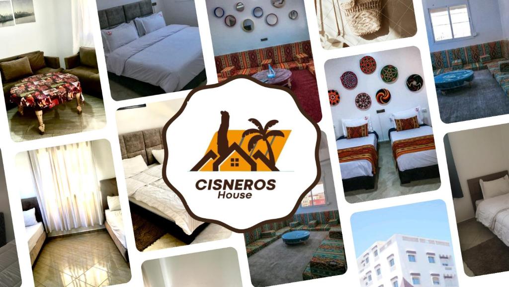 un collage di foto di una camera d'albergo di cisneros house a Dakhla