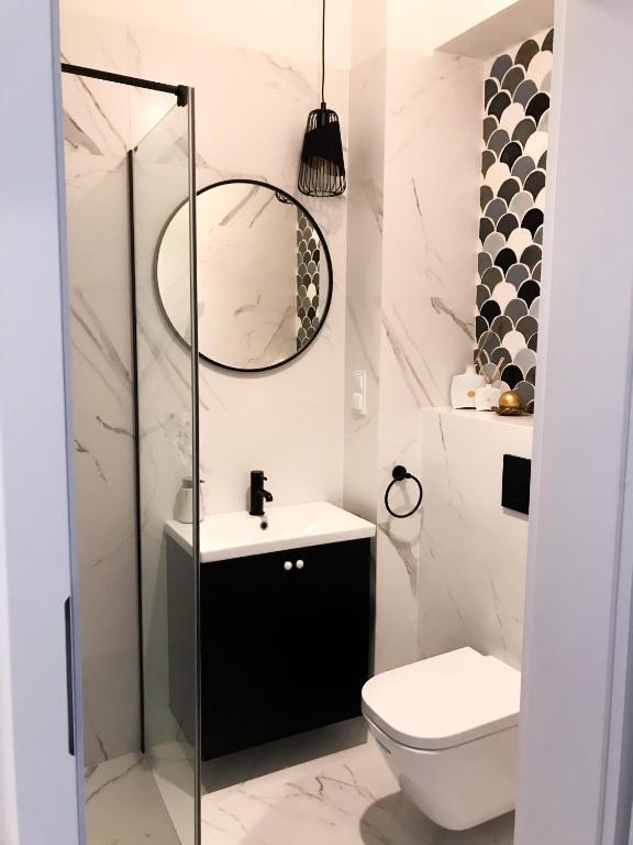 a bathroom with a toilet and a sink and a mirror at Absynt Hostel Wrocław in Wrocław