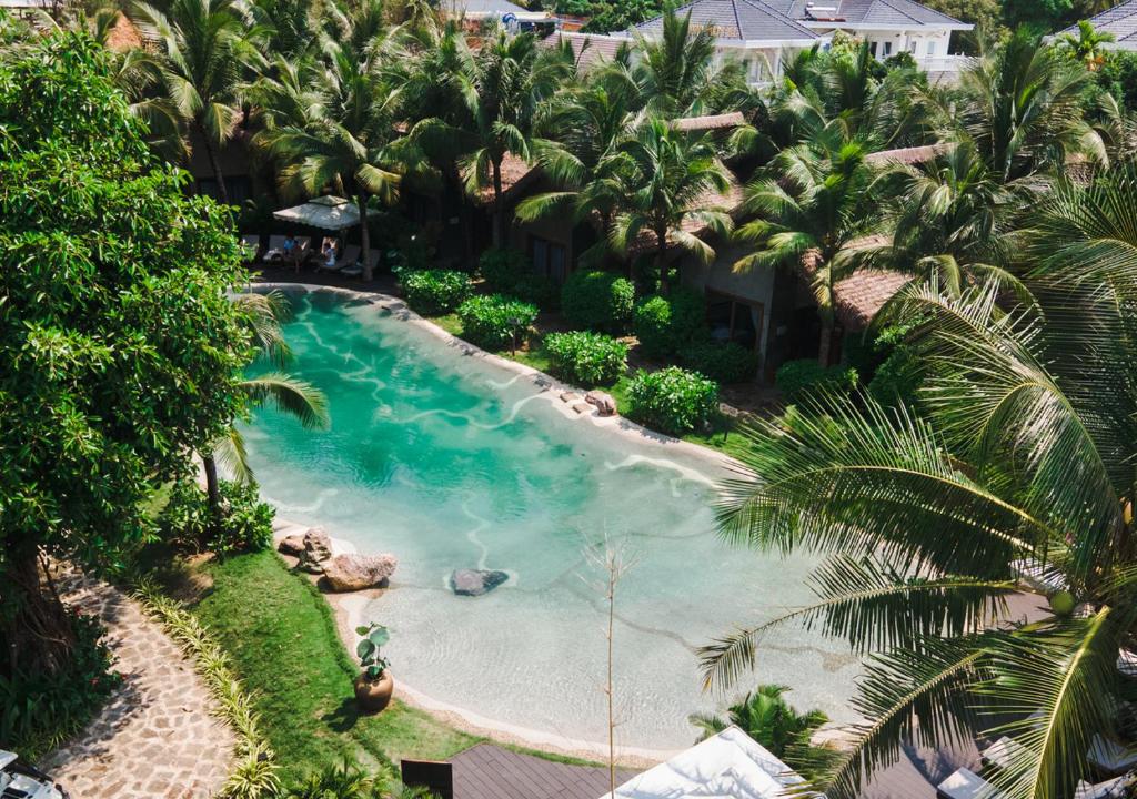 vista sul tetto di una piscina con palme di M Village Phu Quoc a Phu Quoc