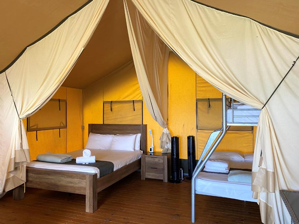 a bedroom with two bunk beds in a tent at BIG4 Mackay Blacks Beach Holiday Park in Mackay