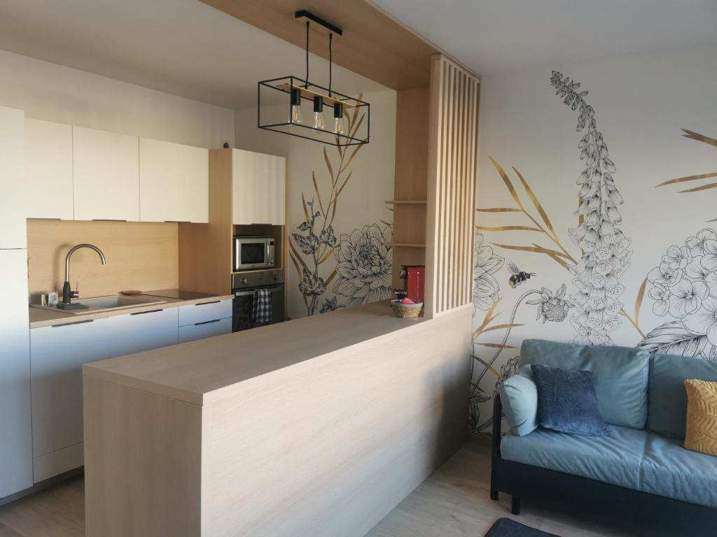 cocina con encimera y sofá azul en Le Château des Abeilles - appartement récemment rénové - proche centre village et route des vins, en Scherwiller