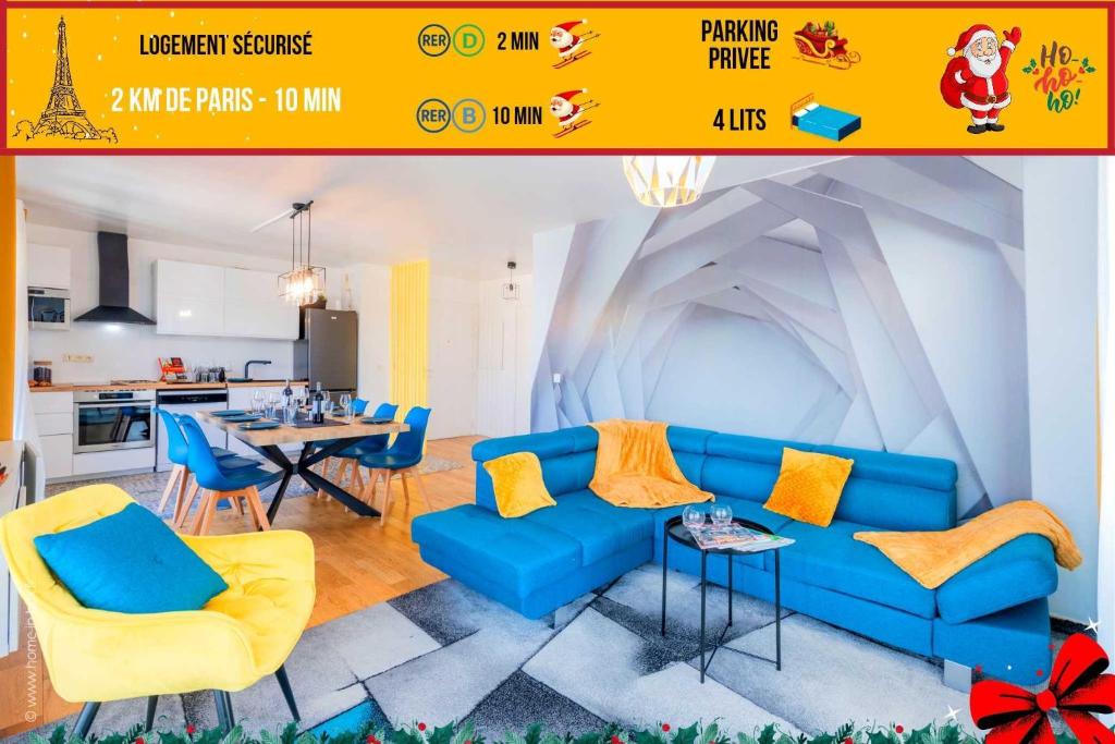 Il comprend un salon avec un canapé bleu et une cuisine. dans l'établissement CAOPEO - Top Hôte Paris - 8 personnes Balcon Parking, à Saint-Denis
