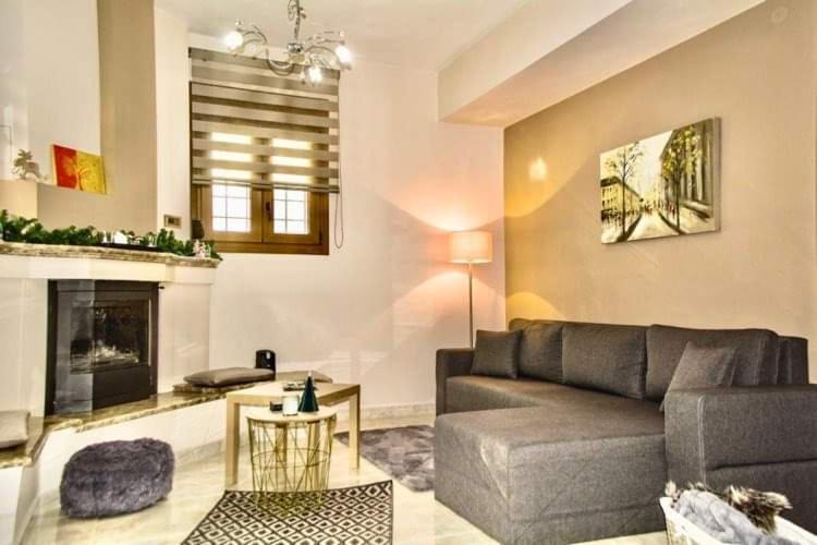 uma sala de estar com um sofá e uma lareira em Apartment Viewing Garden em Volos