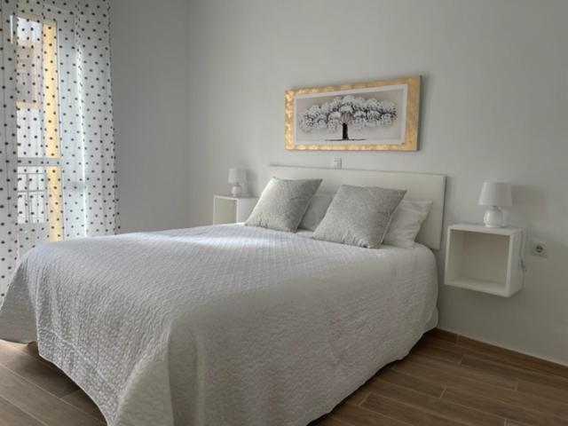 um quarto com uma cama branca e uma fotografia na parede em Apartamentos Turísticos LOS BARRUECOS em Cáceres