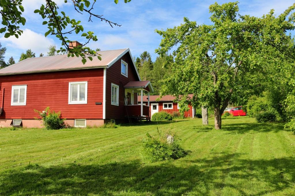 a red house with a tree in the yard at Familjevänligt hus med stor trädgård in Vallsta