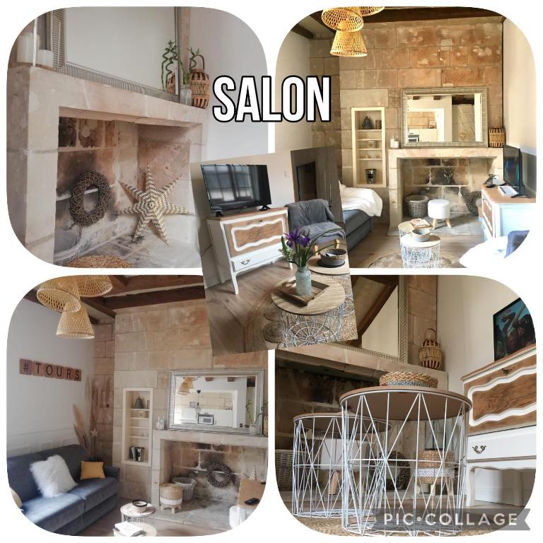 a collage of photos of a living room and a salon at Vieux Tours, Charmant T2 40m2, 4 pers, lumineux in Tours