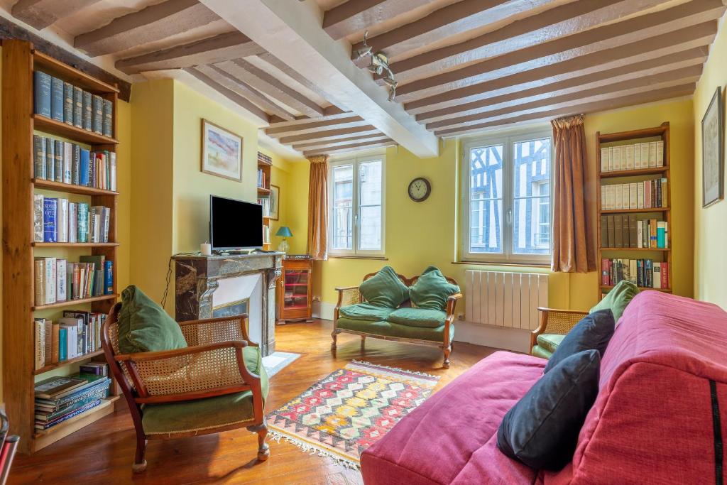 een woonkamer met een bank en een open haard bij Amandus in Rouen