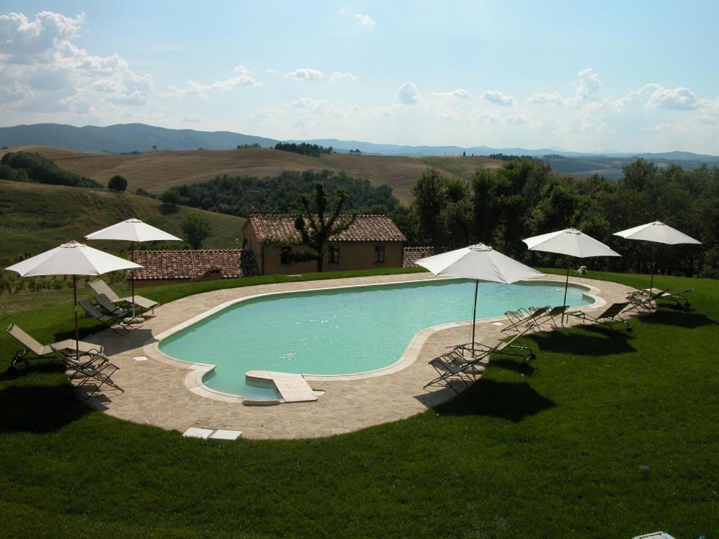a swimming pool with chairs and umbrellas in a field at Podere Sant'Antonio in Buonconvento