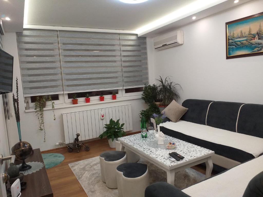 - un salon avec un canapé et une table dans l'établissement Trosoban apartman Sarajevo, Ilidza centar, à Sarajevo