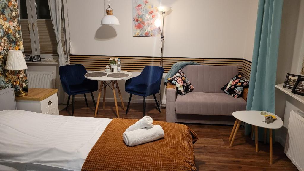 1 dormitorio con cama, sofá y mesa en Apartament Przy Parku, en Nałęczów