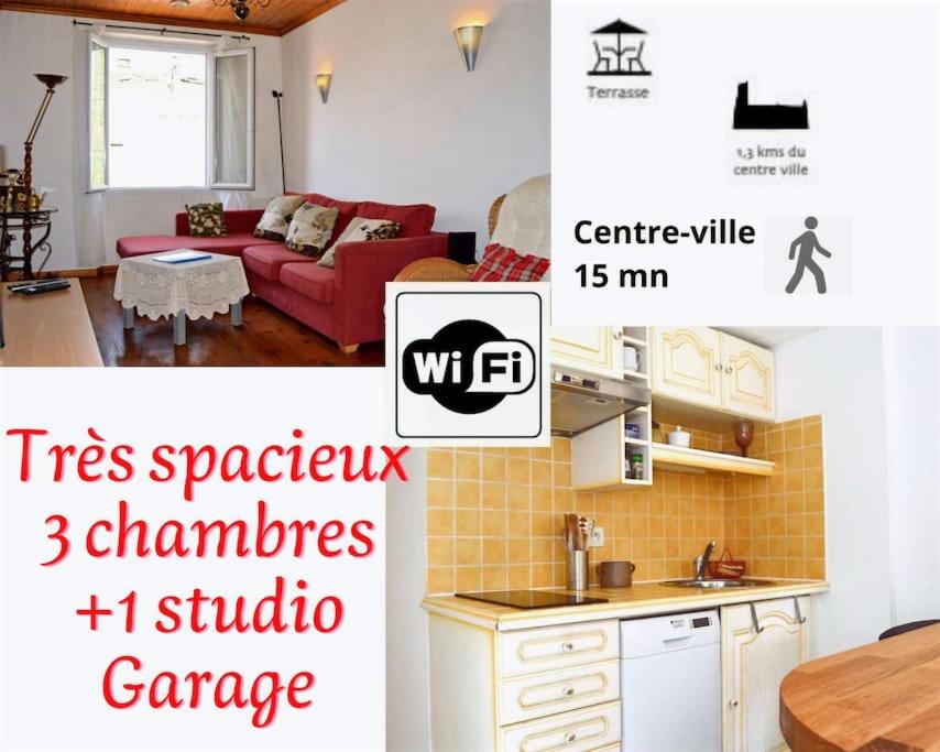 a kitchen and a living room with a red couch at Pavillon de 4 couchages, très calme, proche centre ville in Albi