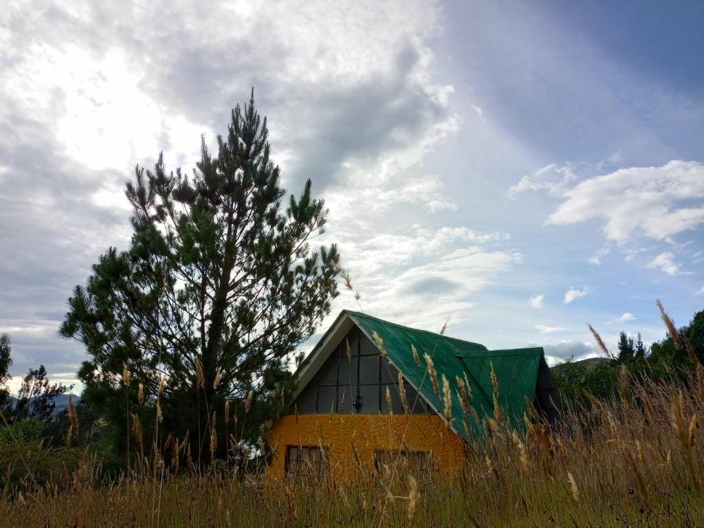 ein Gebäude mit einem Baum in der Mitte eines Feldes in der Unterkunft Tuminica Lodge - Chalet de montaña en Suesca in Suesca
