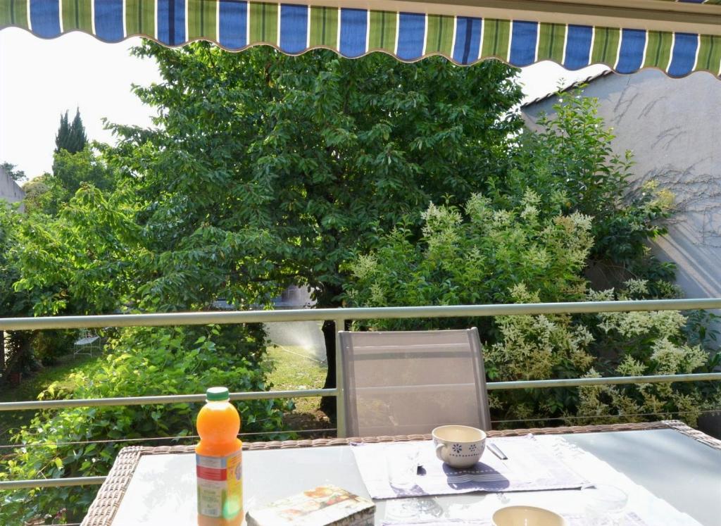 a table on a balcony with a view of trees at Pavillon de 4 couchages, très calme, proche centre ville in Albi