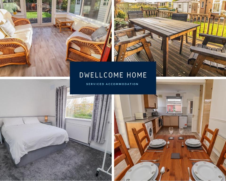 a collage of pictures of a home with a table and a bed at Dwellcome Home Ltd 3 Bedroom Boldon House - see our site for assurance in Boldon