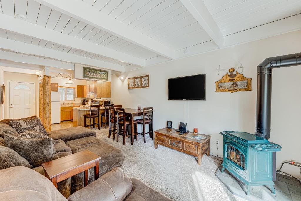 a living room with a couch and a stove at Lake Tahoe Retreat in Incline Village