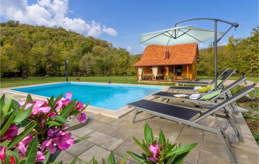 una piscina con una silla y una casa en Nice Home In Gospic With Wifi, en Gospić
