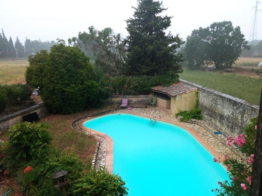 - une vue sur la piscine dans la cour dans l'établissement Ancien moulin restaurer avec piscine, à Roquemaure