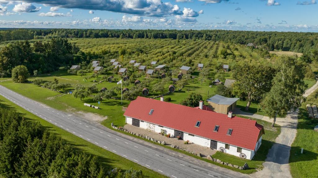 an aerial view of a farm with a red roof at Vetsi Talli Holiday Village in Kassari