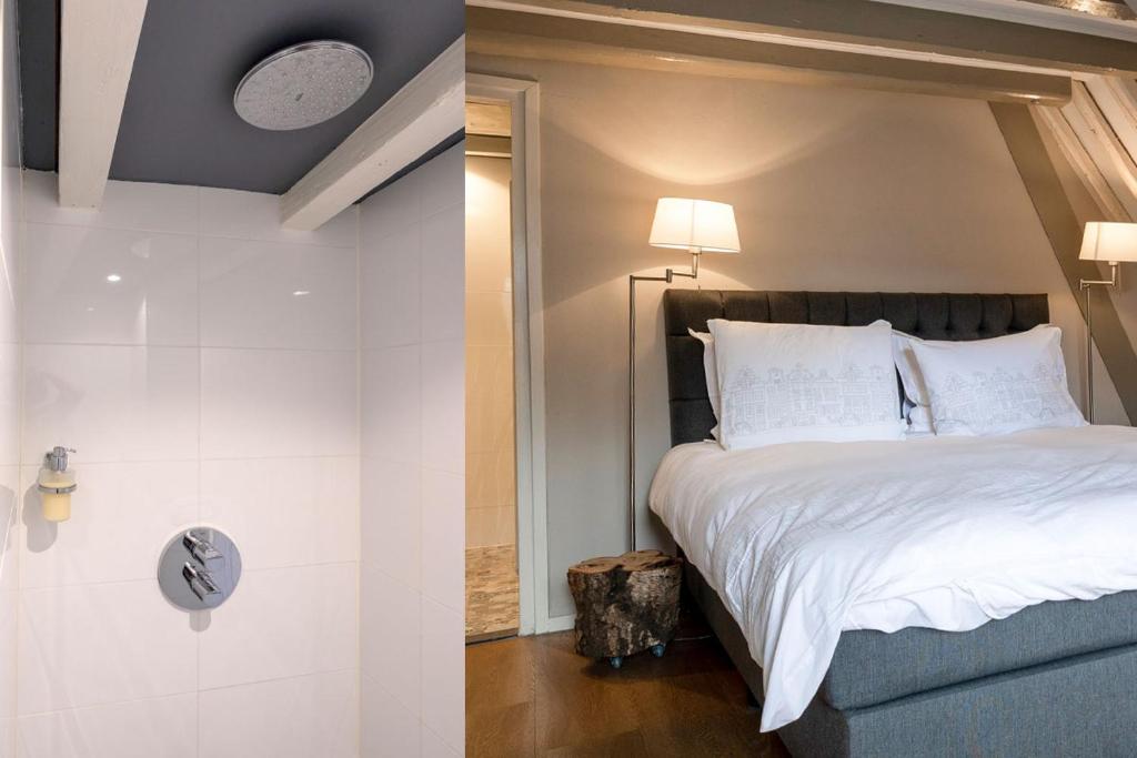 two pictures of a bedroom with a bed and a bathroom at Sterlogies City Penthouse in Leeuwarden