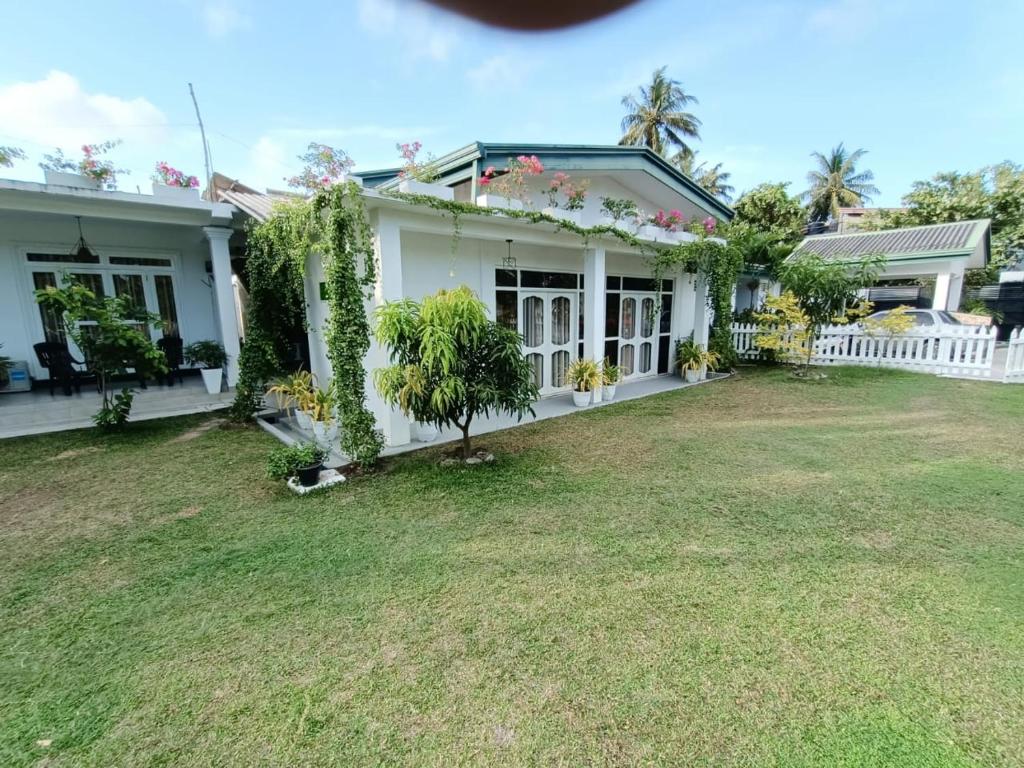 Biały dom z trawnikiem przed nim w obiekcie The Bamboo Tree Transit Hotel w mieście Katunayake
