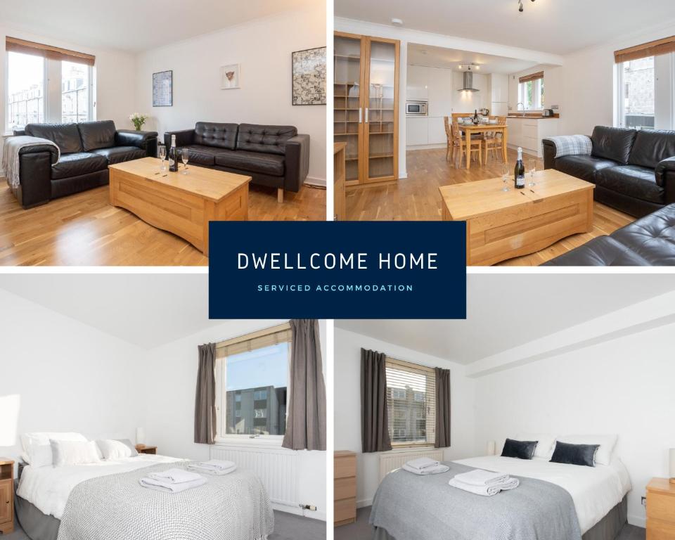 un collage de tres fotos de una sala de estar y un dormitorio en Dwellcome Home Ltd 2 Bed Aberdeen Apartment - see our site for assurance en Aberdeen