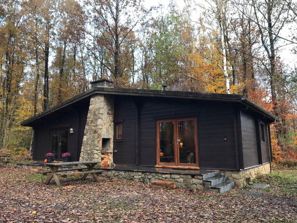 a black cabin in the woods in the woods at Forest Lounge in Petit Mesnil