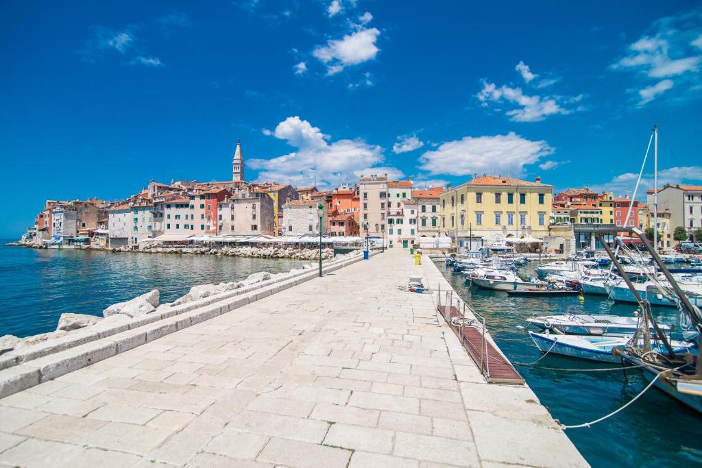 a dock with boats in the water next to a city at The Melegran in Rovinj