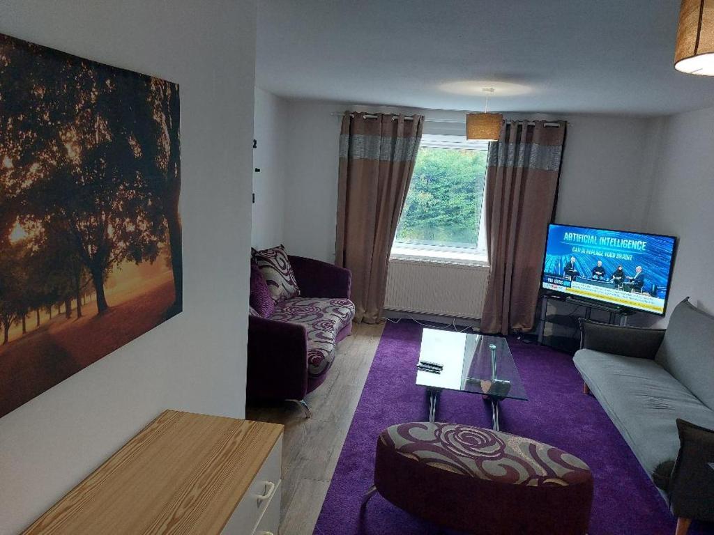a living room with a couch and a tv at Superb 2 bedroom flat, sleeps 6 in Croydon