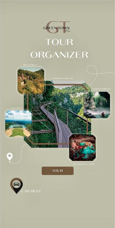 a collage of photos of a bridge and aographicsheet at Hotel Green Town in Kutaisi