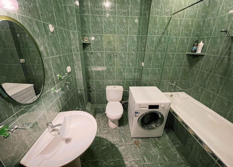 une salle de bain avec un lavabo et une machine à laver dans l'établissement Аппартамент Мтацминда, à Tbilissi