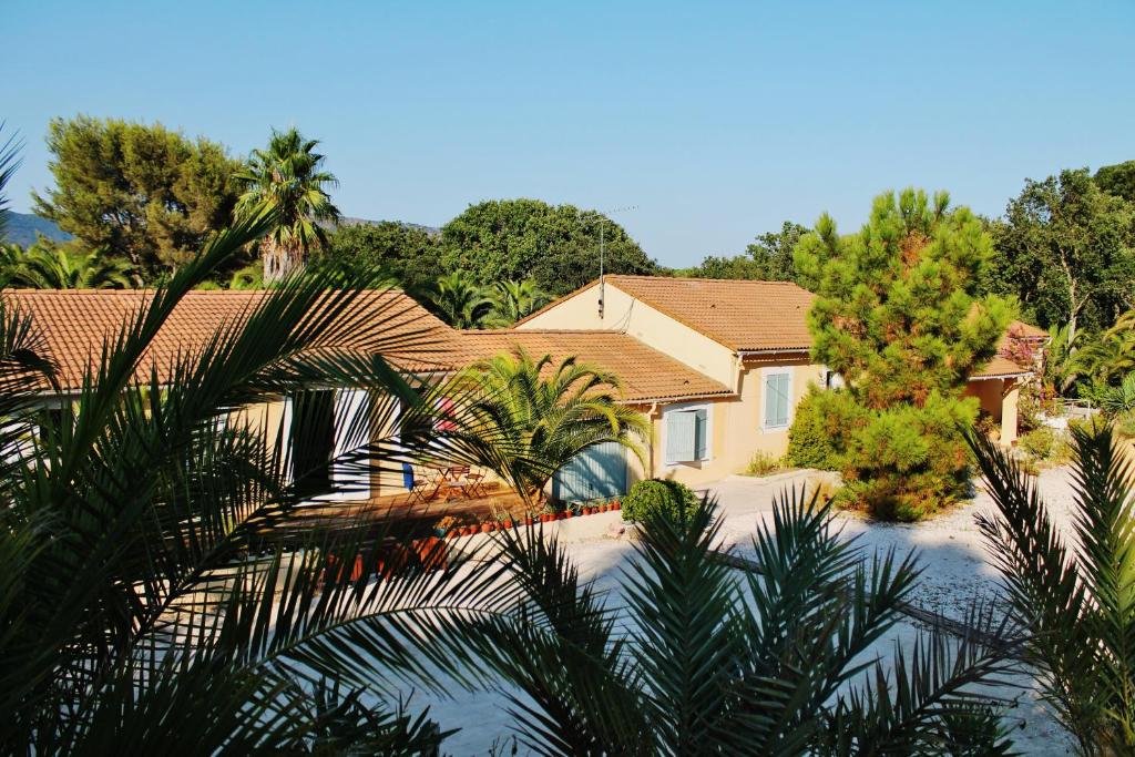 dom z palmą przed nim w obiekcie Le Mas de la Palmeraie - Appartement dans propriété privée au calme avec piscine et tennis w mieście Bormes-les-Mimosas