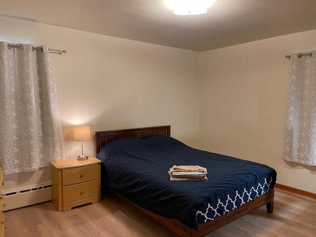 新不倫瑞克的住宿－#3 QueenSize Bed bright room near New Brunswick NJ downtown，一间卧室配有一张带蓝色棉被的床和一张桌子