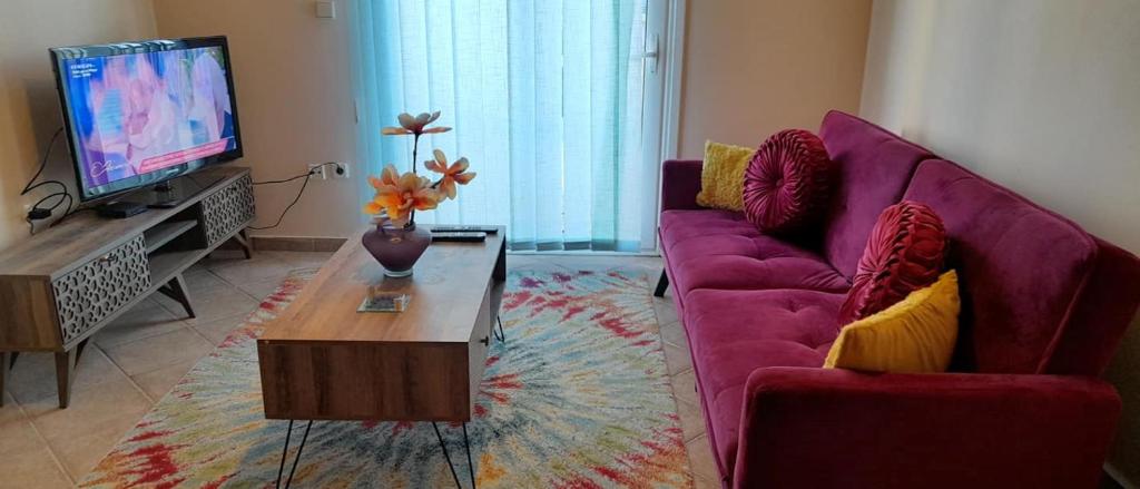 a living room with a purple couch and a tv at Gemani Apartments Rhodes city in Rhodes Town