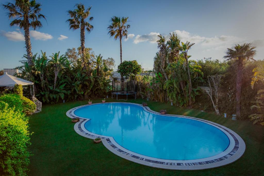 einen Blick über einen Pool in einem Garten mit Palmen in der Unterkunft The Secret Villa in Is-Swieqi